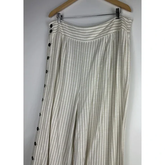 by Anthropologie Buttoned Wide Leg Pants Cream Stripe High Rise Ankle US Size 14 - Picture 6 of 13